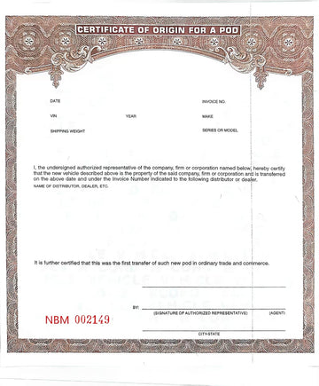 Electric Dirt Bike Certificate of Origin